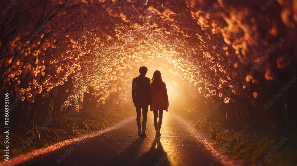 Couple Walking Through Romantic Flower Tunnel Couple Walking Through Romantic Flower Tunnel