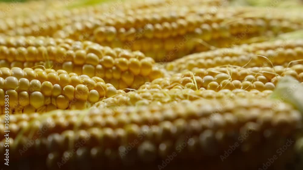 Harvested stacked corncobs rotating. Golden corn with leaves on cob. Healthy nutrition. Detailed shot of ripe corn. Organic horticulture. Close-up in 4K, UHD Harvested stacked corncobs rotating. Golden corn with leaves on cob. Healthy nutrition. Detailed shot of ripe corn. Organic horticulture. Close-up in 4K, UHD