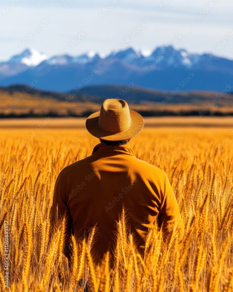 Man in a hat standing in a golden wheat field with mountains in the background. Man in a hat standing in a golden wheat field with mountains in the background.