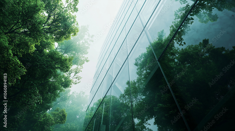 Obraz premium Glass skyscraper surrounded by vibrant plants and trees, viewed from the bottom upwards capturing the harmony between contemporary architecture and nature. Modern sustainable urbanism concept.