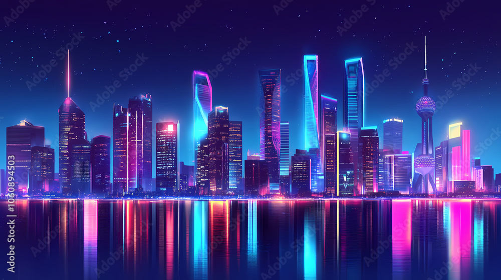 Dazzling cyberpunk metropolis glows with neon lights, showcasing futuristic skyscrapers and advanced urban development at night. Neon Blade City. Illustration Dazzling cyberpunk metropolis glows with neon lights, showcasing futuristic skyscrapers and advanced urban development at night. Neon Blade City. Illustration