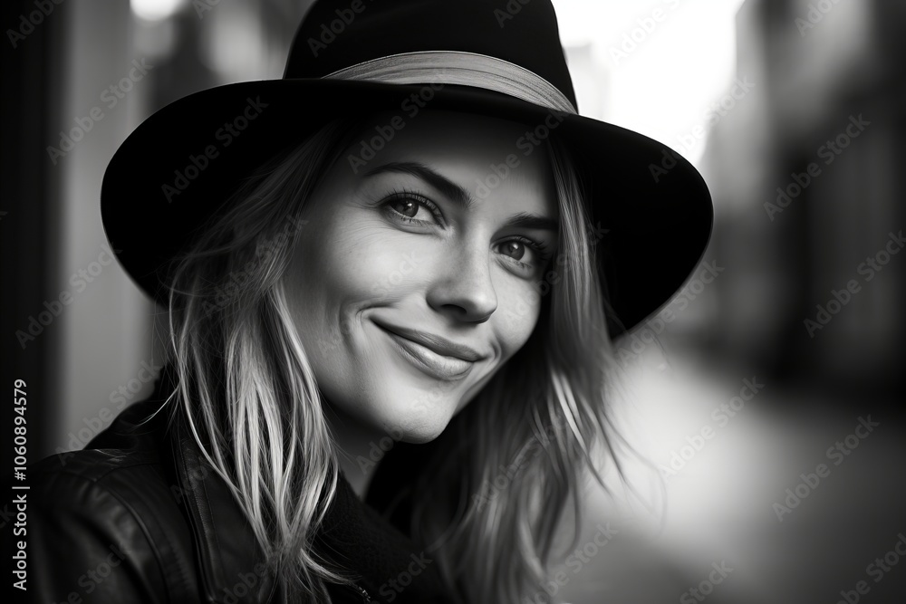 Black and white portrait of a beautiful young woman in a hat. Black and white portrait of a beautiful young woman in a hat.