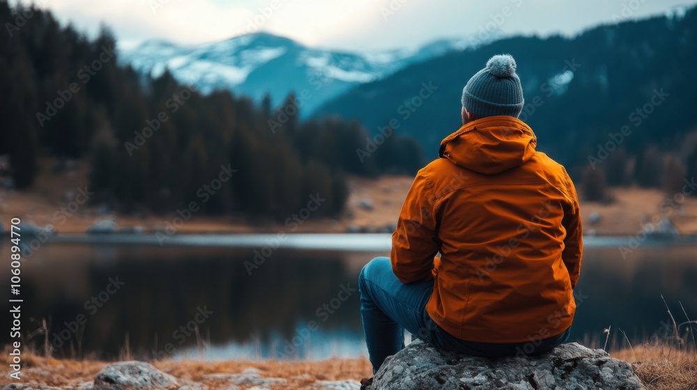 Person Enjoying Nature by a Scenic Lake Person Enjoying Nature by a Scenic Lake