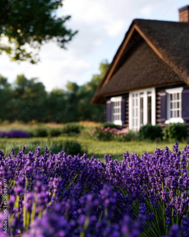 Lavender field in bloom with a charming house in the background Lavender field in bloom with a charming house in the background