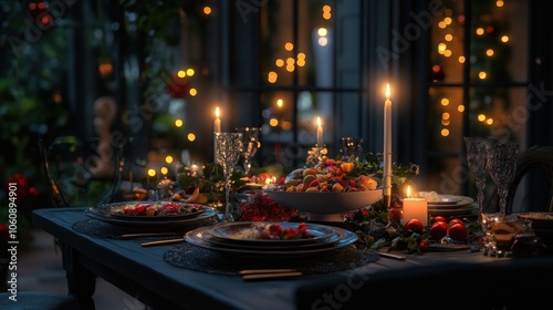 A beautifully decorated dining table set for a romantic dinner with candles, plates, silverware, and flowers.