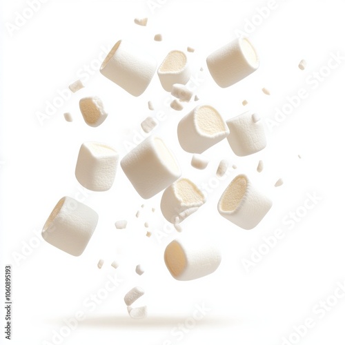 Marshmallows falling in mid-air, perfect for winter and holiday designs with a transparent background