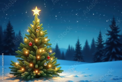 Beautifully decorated Christmas tree with lights and star on snowy ground, winter, holiday, festive