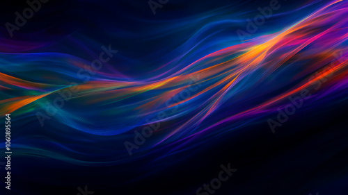 Abstract background with flowing purple, blue, orange, and pink light waves. Dark background with smooth, colorful gradients. Mystical and vibrant concept