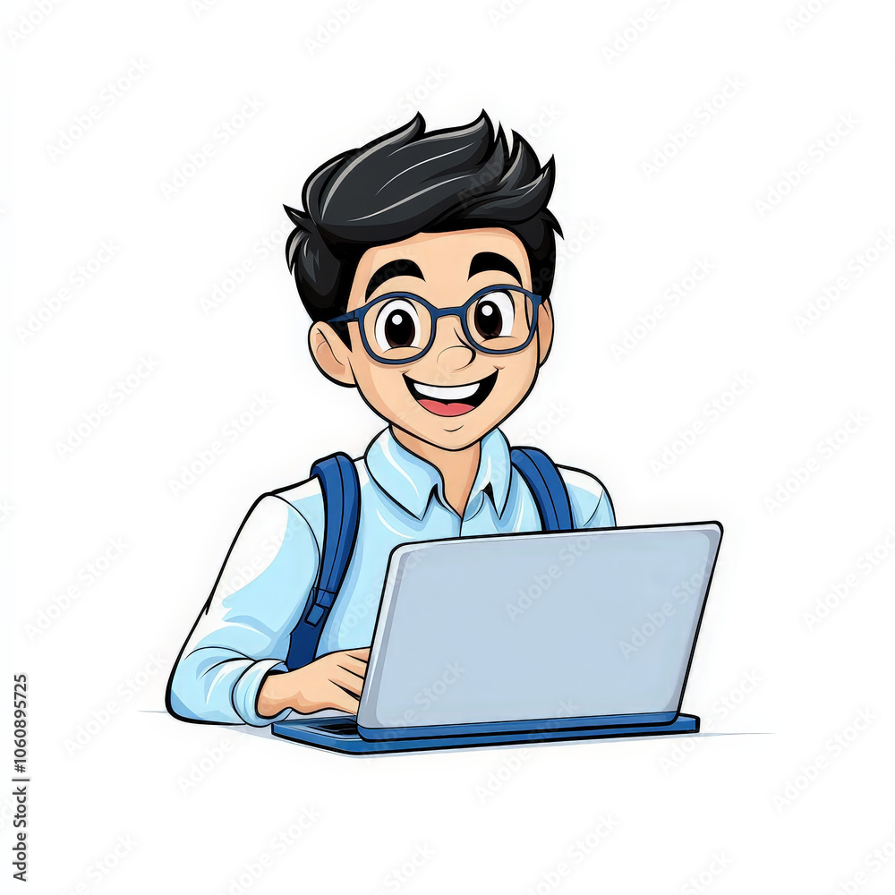 Happy Student Working on Laptop Illustration Happy Student Working on Laptop Illustration