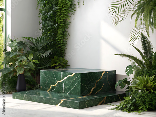 Mockup emerald green marble podium for stylish product  background presentation in luxurious  and plants mock up showcasing products photo