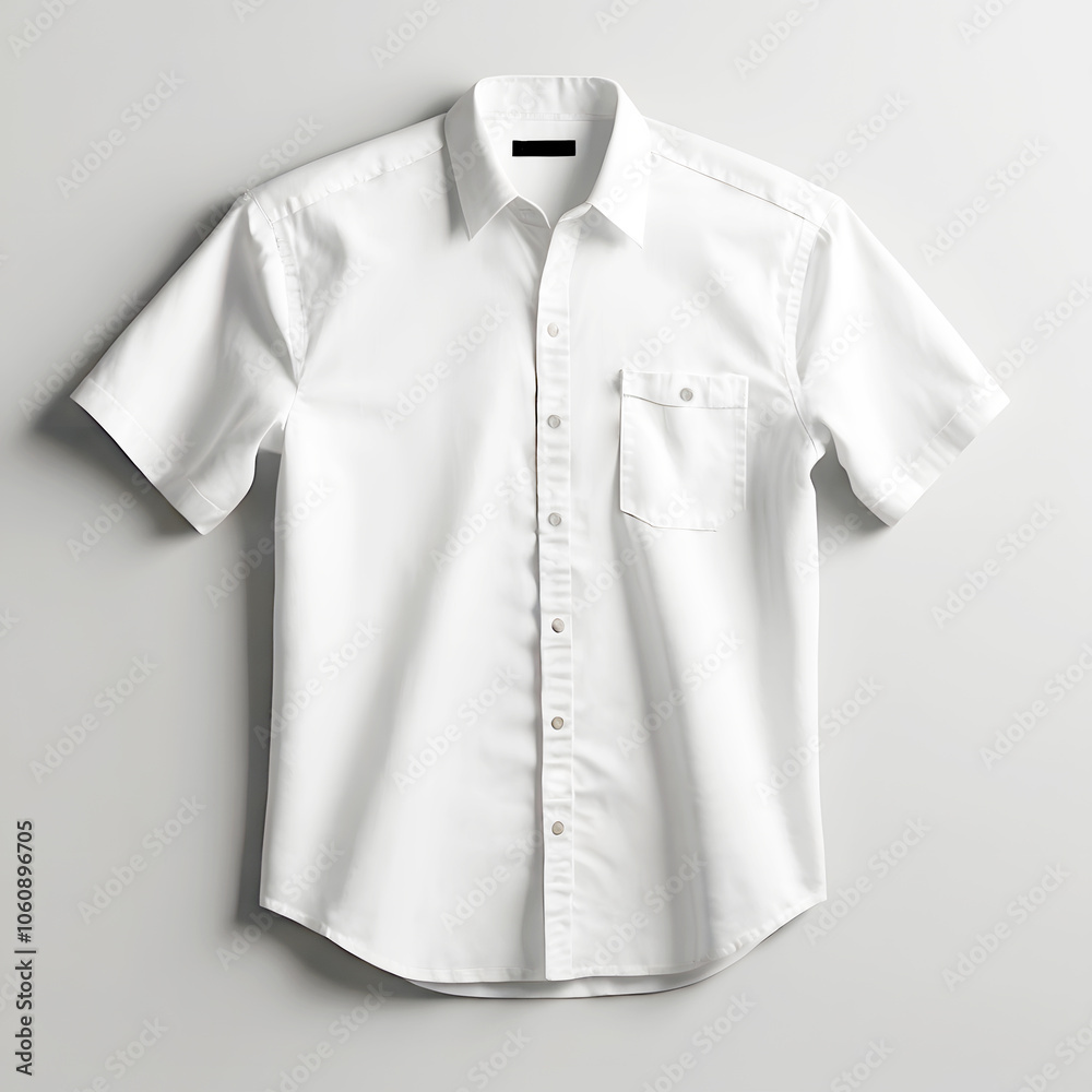 3D mockup white short-sleeved button-down shirt with chest bag