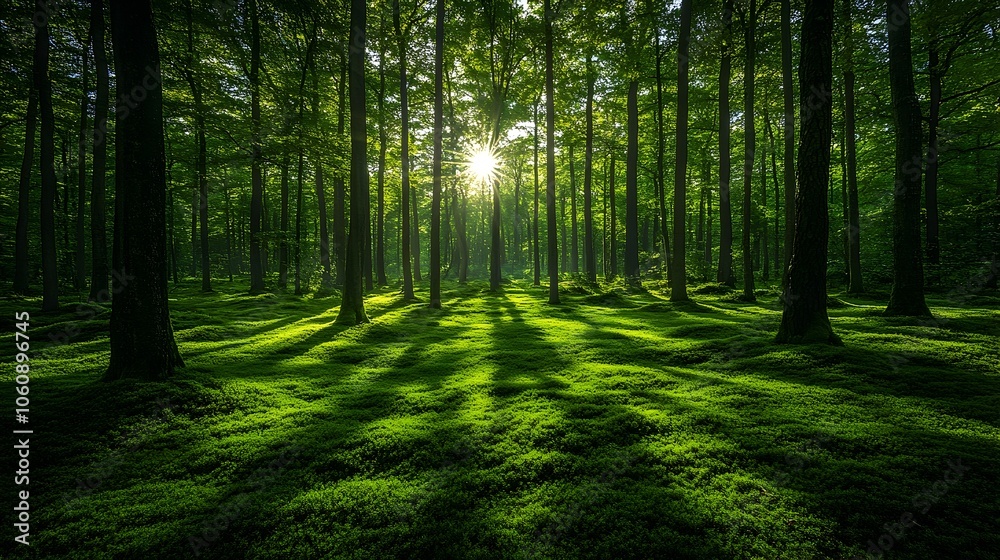 Obraz premium Serene Sunlit Forest with Dappled Lighting Creating a Magical Minimalist Atmosphere