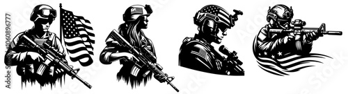 patriotic soldiers with american flag