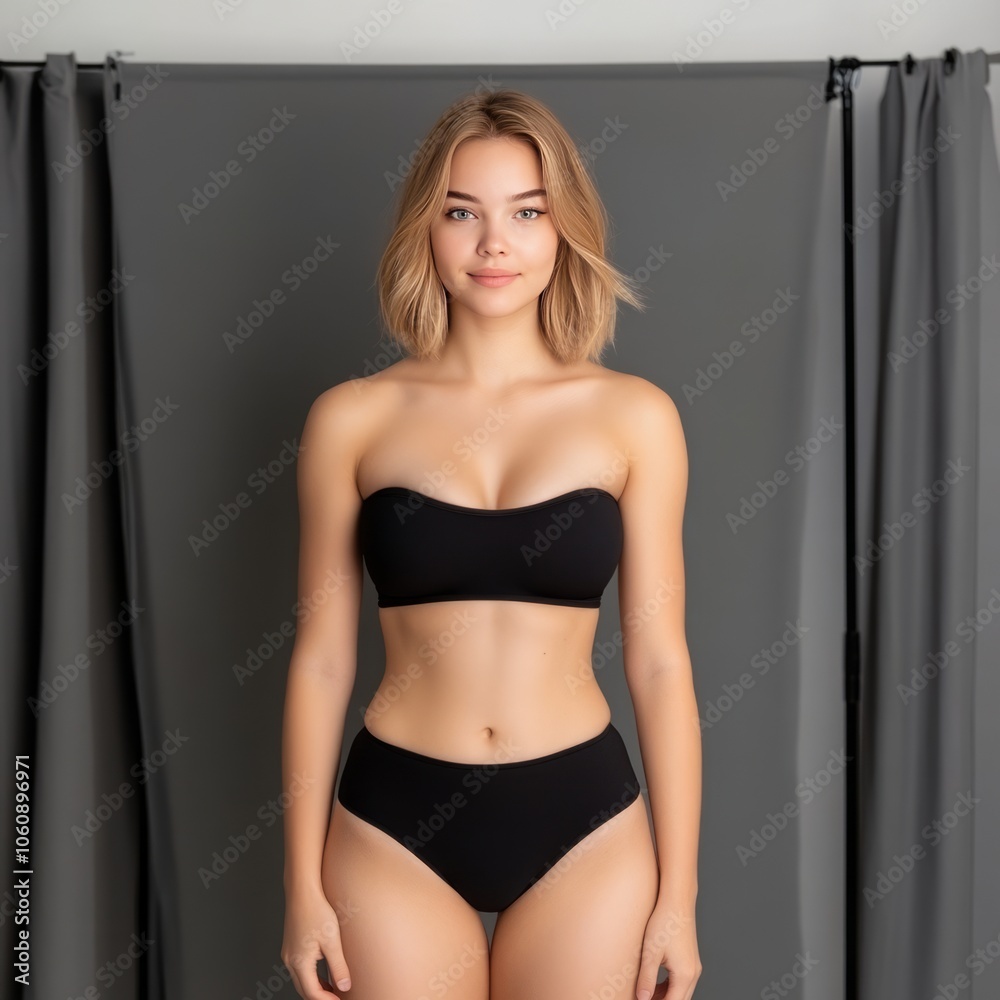 A young woman wearing a black strapless bra and matching underwear stands in front of a gray background with curtains on either side. A young woman wearing a black strapless bra and matching underwear stands in front of a gray background with curtains on either side.