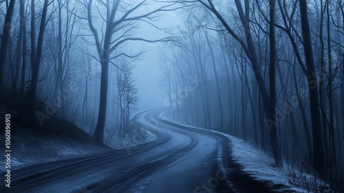 A winding road disappears into the fog and a forest of bare trees, the scene painted in shades of blue.