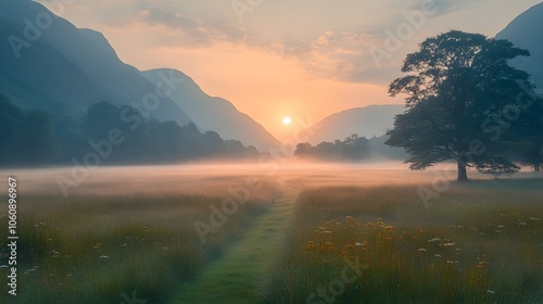 Breathtaking Sunrise Over Misty Mountain Landscape at Dawn