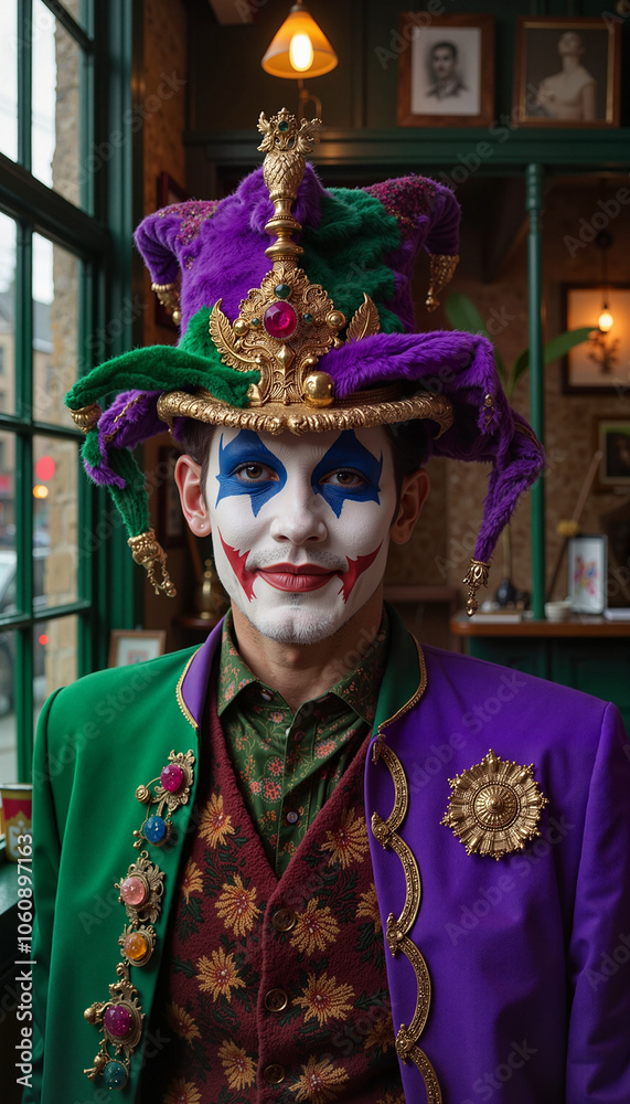 Mardi Gras jester with colorful costume and face paint, smiling joyfully indoors by the window Mardi Gras jester with colorful costume and face paint, smiling joyfully indoors by the window