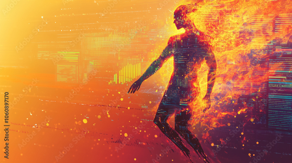 Obraz premium An abstract representation of a human figure engulfed in fiery colors, with digital screens in the background displaying rising temperature charts and climate crisis statistics, Generative AI