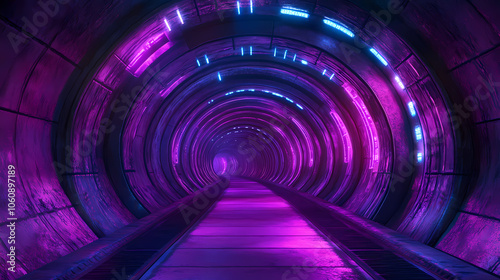Fototapeta Naklejka Na Ścianę i Meble -  Fantasy futuristic underground tunnel environment. wide panoramic 3d render. Neon Blade City. Illustration