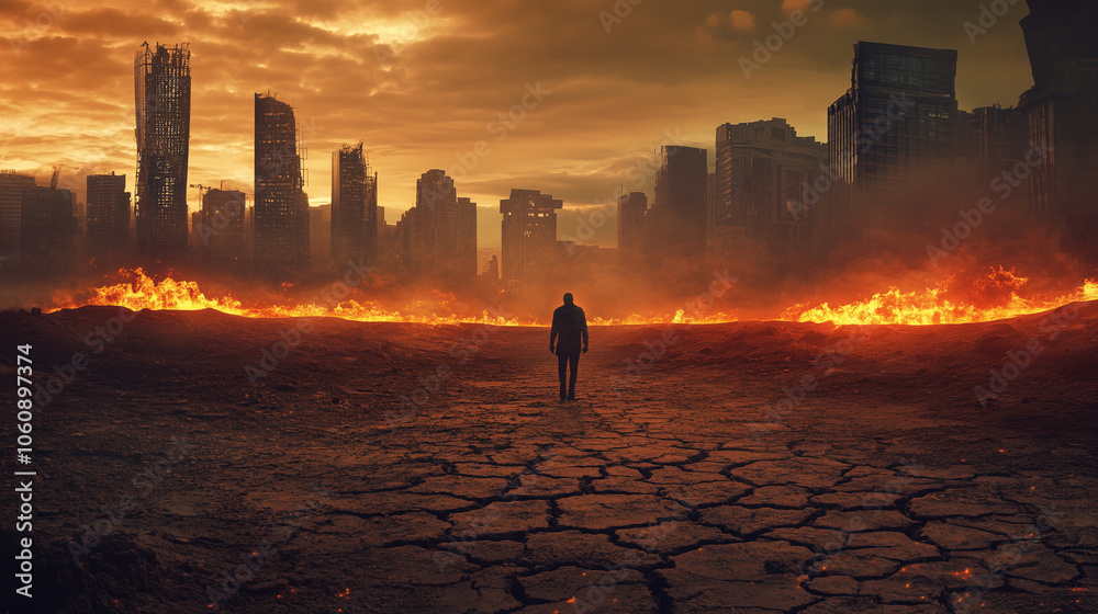Fototapeta premium A dystopian landscape with a lone human figure walking through a barren, cracked earth, flames flickering around them, set against a backdrop of futuristic, decaying architecture, Generative AI