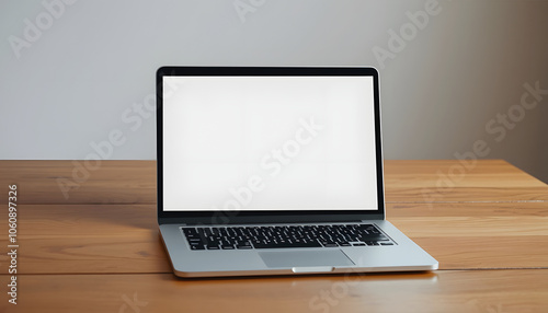 A single laptop computer on wooden table isolated with white shades, png