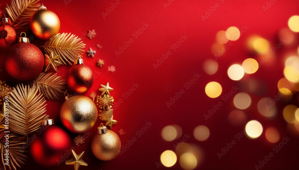 Tarjeta de felicitacion con adornos navideños rojos y dorados Tarjeta de felicitacion con adornos navideños rojos y dorados