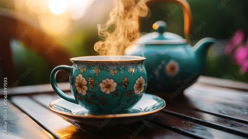 Fototapeta premium A steaming cup of tea in a floral patterned teacup sits on a wooden table, with a matching teapot blurred in the background.
