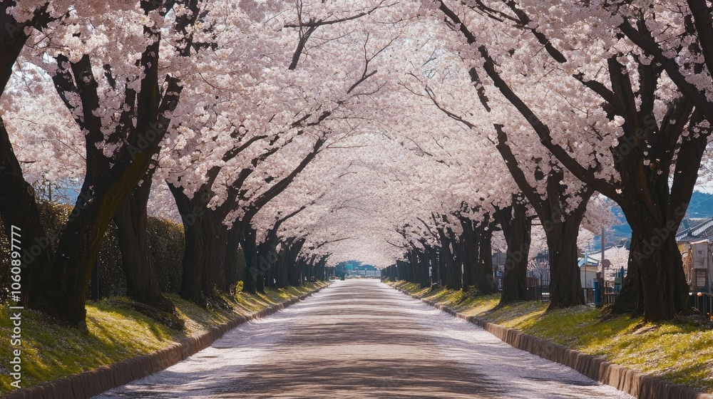 Enchanting Tree Lined Pathway in Blooming Scene Enchanting Tree Lined Pathway in Blooming Scene