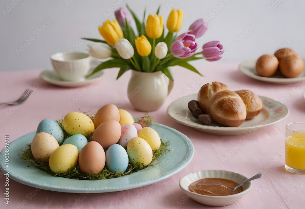 Spring Easter Brunch Table with Colorful Tulips and Pastel Decorated Eggs Spring Easter Brunch Table with Colorful Tulips and Pastel Decorated Eggs