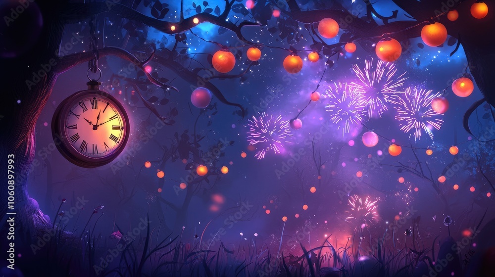 Magical New Year's Eve Countdown with Clock and Fireworks Magical New Year's Eve Countdown with Clock and Fireworks