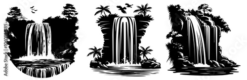 tropical waterfalls in lush landscapes vector sketch