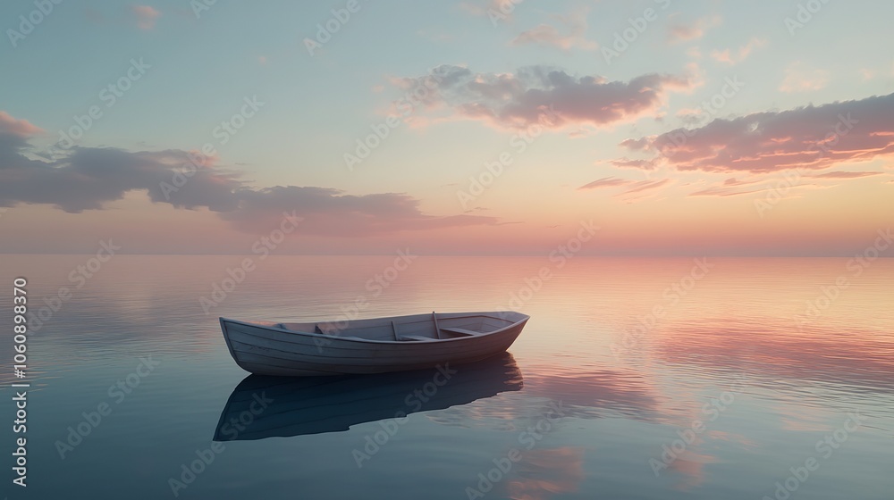 A small white boat rests on the calm water, as the sky glows with a soft pink hue at sunset. A small white boat rests on the calm water, as the sky glows with a soft pink hue at sunset.