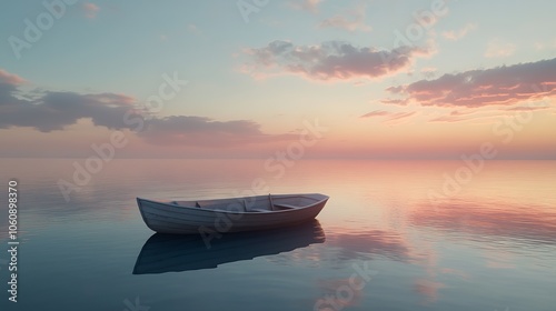 A small white boat rests on the calm water, as the sky glows with a soft pink hue at sunset.