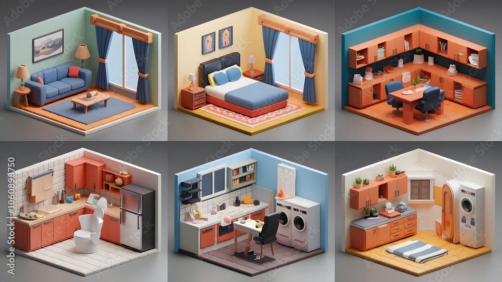 3D cartoonish models for a lounge (sofa, table, TV), bedroom (bed, nightstands, dresser), kitchen (appliances, table), bathroom (fixtures), office (desk, chair), and laundry room (washer, dryer). 3D cartoonish models for a lounge (sofa, table, TV), bedroom (bed, nightstands, dresser), kitchen (appliances, table), bathroom (fixtures), office (desk, chair), and laundry room (washer, dryer).