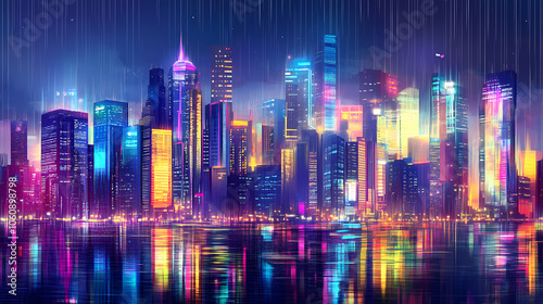 Futuristic cityscape with towering skyscrapers, neon lights, and a rainy atmosphere, reflecting cyberpunk and sci-fi themes. Neon Blade City. Illustration