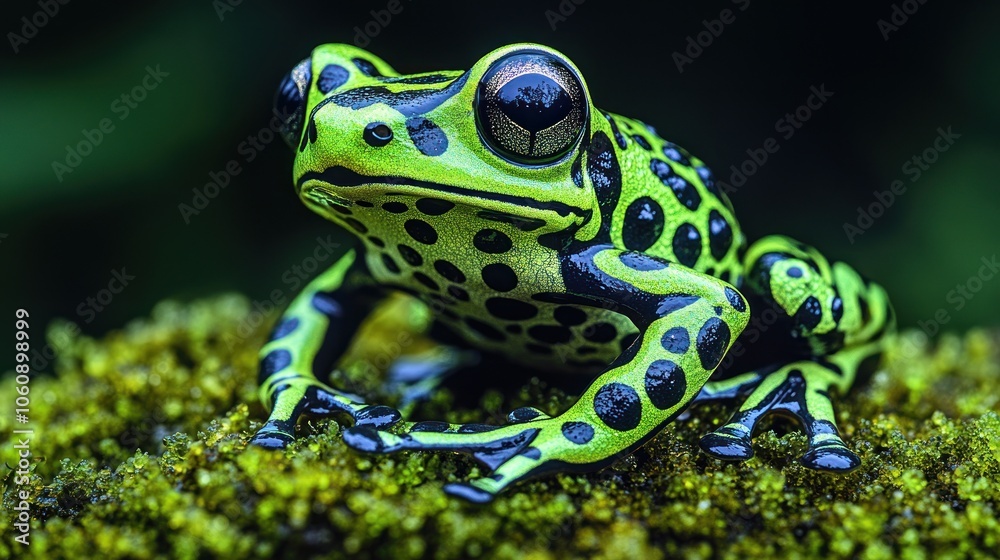 A vibrant green and black poison dart frog sits on a bed of moss, its large eyes staring intently at the camera. A vibrant green and black poison dart frog sits on a bed of moss, its large eyes staring intently at the camera.
