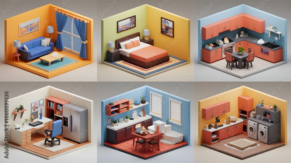 3D cartoonish models for a lounge (sofa, table, TV), bedroom (bed, nightstands, dresser), kitchen (appliances, table), bathroom (fixtures), office (desk, chair), and laundry room (washer, dryer). 3D cartoonish models for a lounge (sofa, table, TV), bedroom (bed, nightstands, dresser), kitchen (appliances, table), bathroom (fixtures), office (desk, chair), and laundry room (washer, dryer).