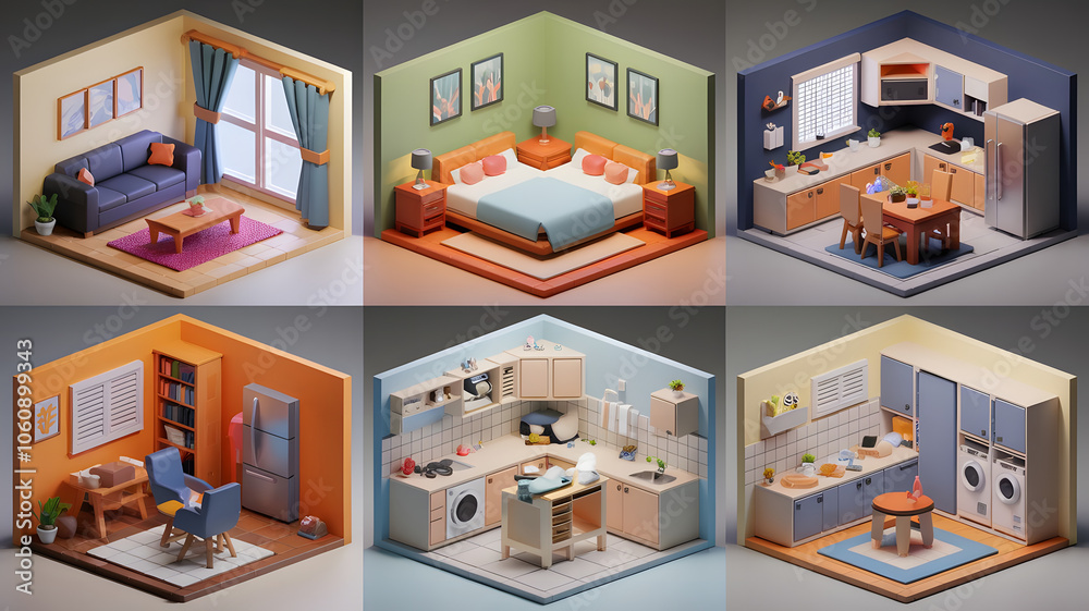 3D cartoonish models for a lounge (sofa, table, TV), bedroom (bed, nightstands, dresser), kitchen (appliances, table), bathroom (fixtures), office (desk, chair), and laundry room (washer, dryer). 3D cartoonish models for a lounge (sofa, table, TV), bedroom (bed, nightstands, dresser), kitchen (appliances, table), bathroom (fixtures), office (desk, chair), and laundry room (washer, dryer).
