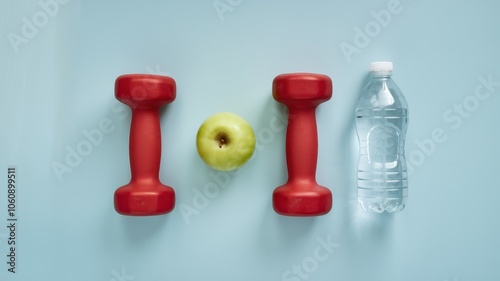 Fitness-Themed Minimalist Still Life with Dumbbells, Apple, and Bottle