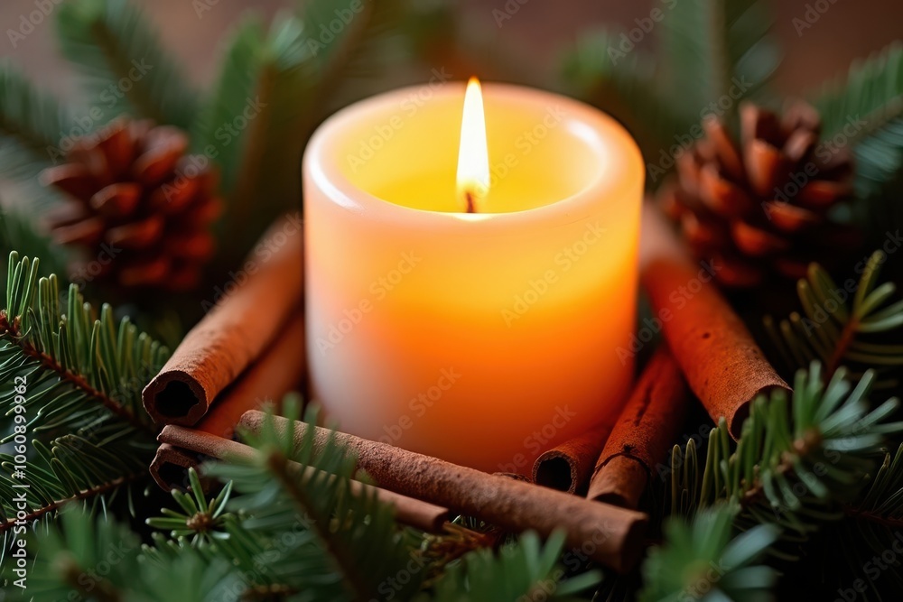 Beautiful orange candle with a gentle flame, resting on fresh pine and cinnamon, perfect for festive decor Beautiful orange candle with a gentle flame, resting on fresh pine and cinnamon, perfect for festive decor