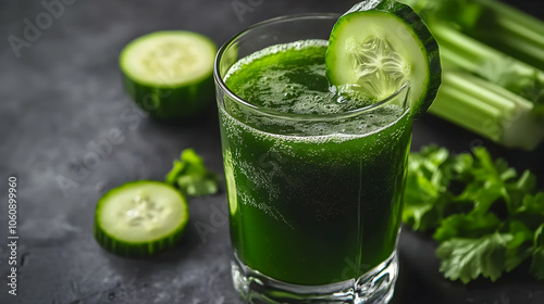 A refreshing green smoothie with cucumber slices and parsley, set against a dark background for a cooling and healthy look