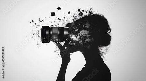 Silhouette of a woman with long hair holding a camera lens, abstract image with a disintegrated effect. photo