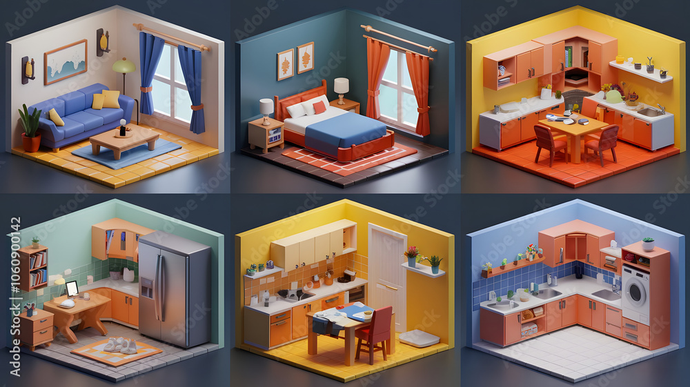 3D cartoonish models for a lounge (sofa, table, TV), bedroom (bed, nightstands, dresser), kitchen (appliances, table), bathroom (fixtures), office (desk, chair), and laundry room (washer, dryer). 3D cartoonish models for a lounge (sofa, table, TV), bedroom (bed, nightstands, dresser), kitchen (appliances, table), bathroom (fixtures), office (desk, chair), and laundry room (washer, dryer).