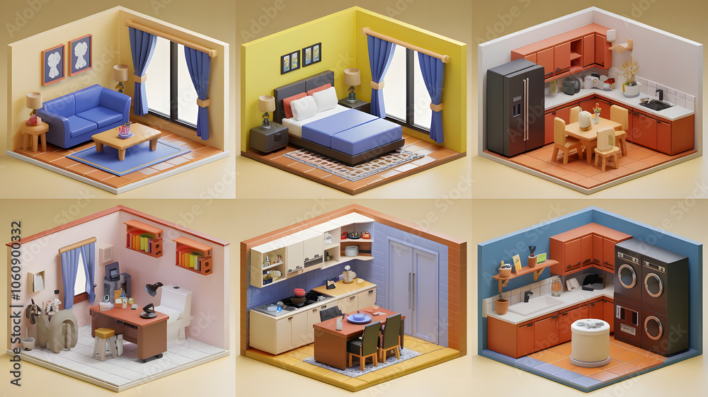 3D cartoonish models for a lounge (sofa, table, TV), bedroom (bed, nightstands, dresser), kitchen (appliances, table), bathroom (fixtures), office (desk, chair), and laundry room (washer, dryer). 3D cartoonish models for a lounge (sofa, table, TV), bedroom (bed, nightstands, dresser), kitchen (appliances, table), bathroom (fixtures), office (desk, chair), and laundry room (washer, dryer).