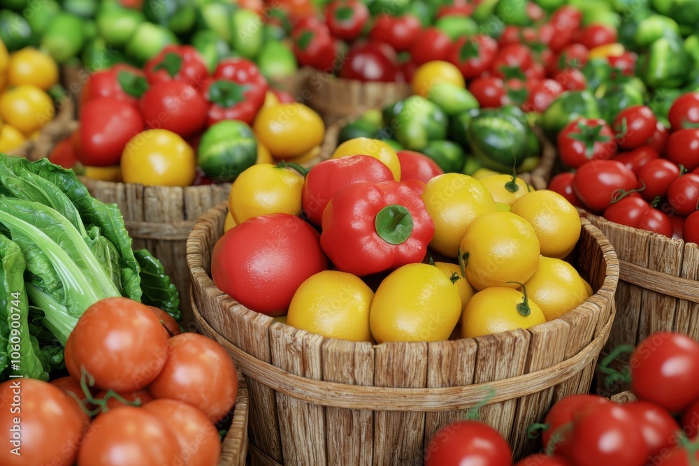Vibrant 3D Illustration of Fresh Vegetables in Baskets Vibrant 3D Illustration of Fresh Vegetables in Baskets