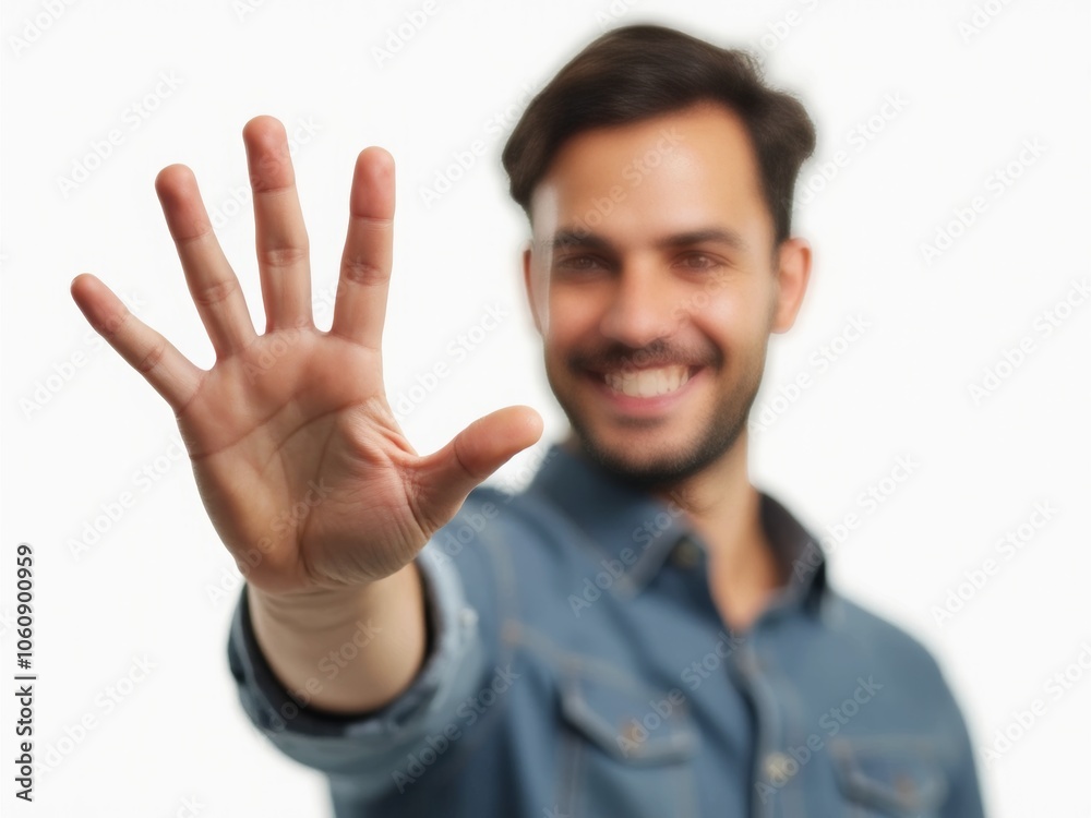 A Young Man Smiles and Raises His Hand to the Camera in a Friendly Gesture During a Bright Indoor Setting A Young Man Smiles and Raises His Hand to the Camera in a Friendly Gesture During a Bright Indoor Setting