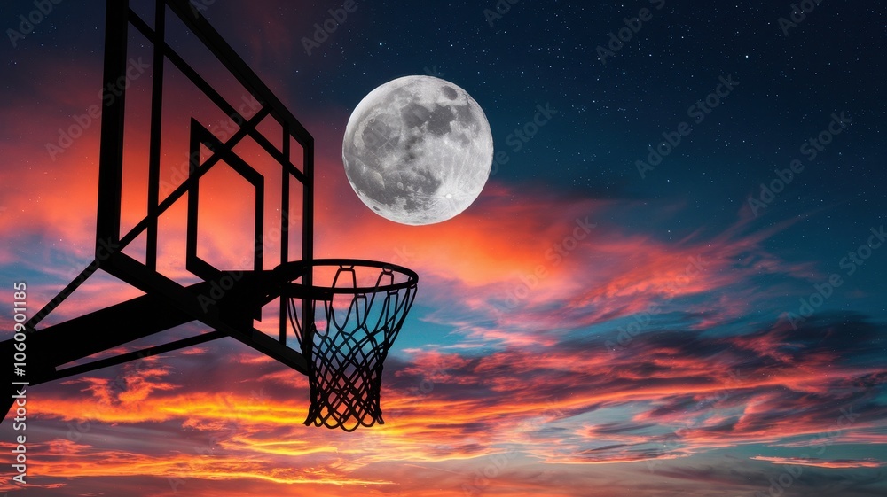 Outdoor Basketball Hoop Under Full Moon with Dramatic Night Sky