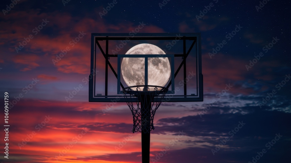 Outdoor Basketball Hoop Against Full Moon at Dusk with Warm Hues Outdoor Basketball Hoop Against Full Moon at Dusk with Warm Hues