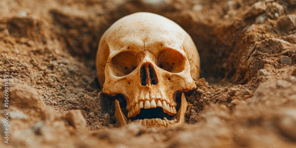 A human skull partially unearthed from the ground, its empty eye sockets staring into the distance. A human skull partially unearthed from the ground, its empty eye sockets staring into the distance.