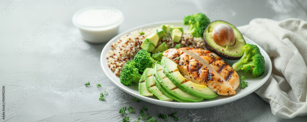 A vibrant bowl of salad featuring grilled chicken breast and fresh avocado slices, topped with sesame seeds and served on a white plate, perfect for a balanced lunch. A vibrant bowl of salad featuring grilled chicken breast and fresh avocado slices, topped with sesame seeds and served on a white plate, perfect for a balanced lunch.